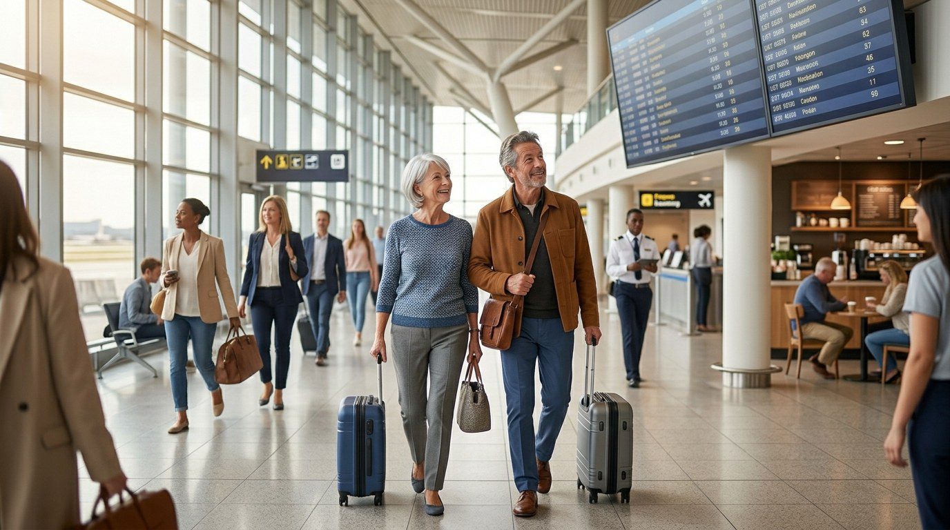 ABTA travel tips - confident UK couple in their early 60s walking through a bright modern airport departure hall with carry-on bags