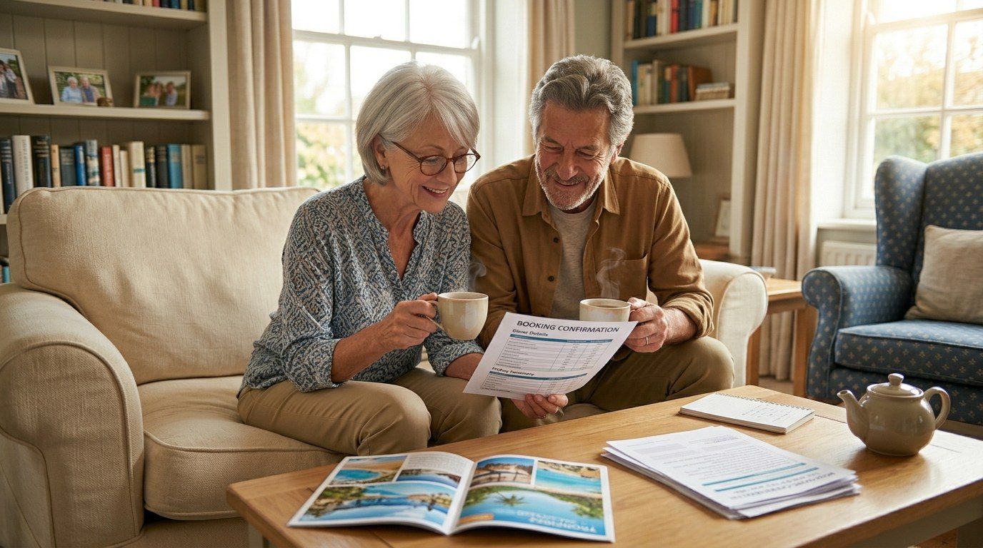 ABTA travel tips for over-50s - confident UK couple in their late 50s reading a printed holiday booking confirmation in their living room with travel brochures spread on the coffee table