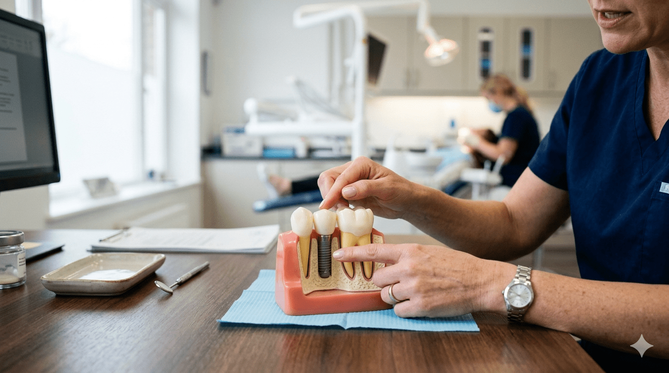 Dental implant model showing how implants work on a dentist desk