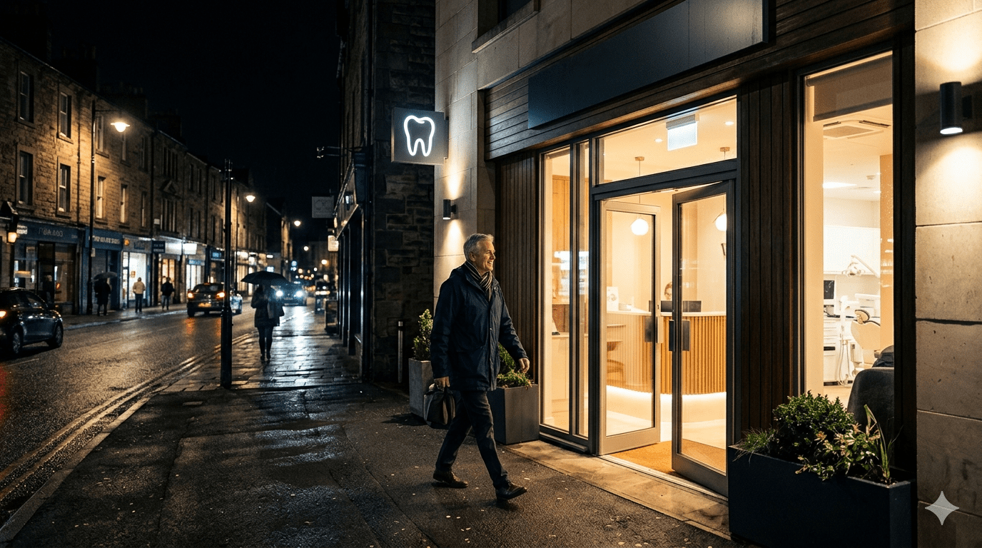Emergency dental practice open at night on a UK high street