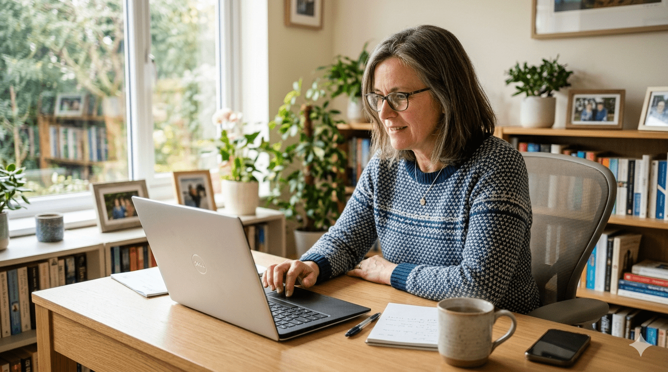 Woman over 50 searching online for an NHS dentist on her laptop