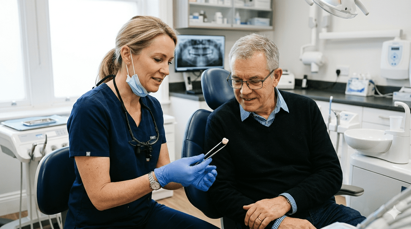 Dentist consulting with patient about NHS vs private dental treatment options