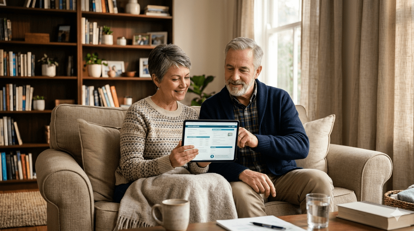Couple over 50 reviewing private dental insurance options on a tablet at home