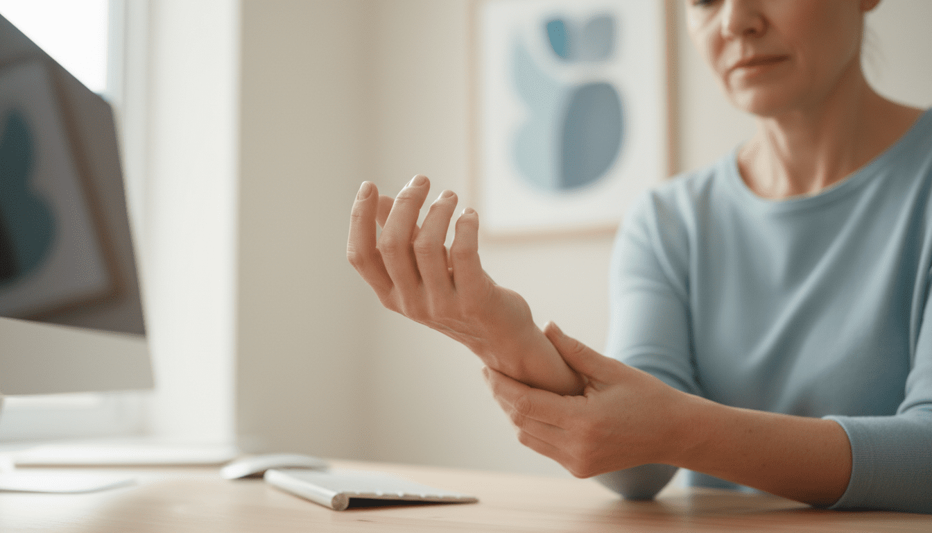 Carpal tunnel surgery cost UK 2026 - person holding wrist with mild discomfort at desk