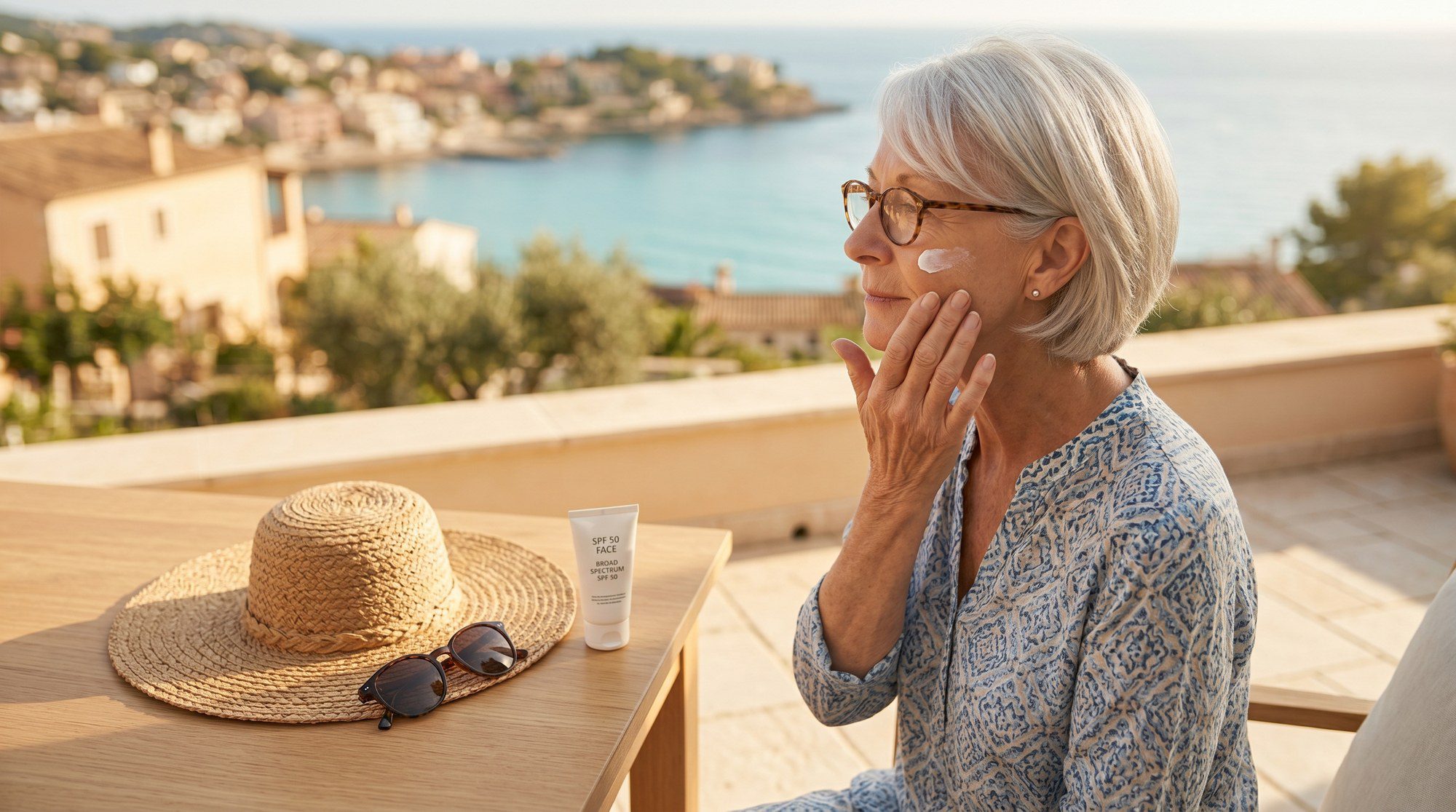 Common sunscreen mistakes - confident UK woman in her late 50s applying broad-spectrum sunscreen on a sunlit Mediterranean terrace, with straw sunhat on the table beside her