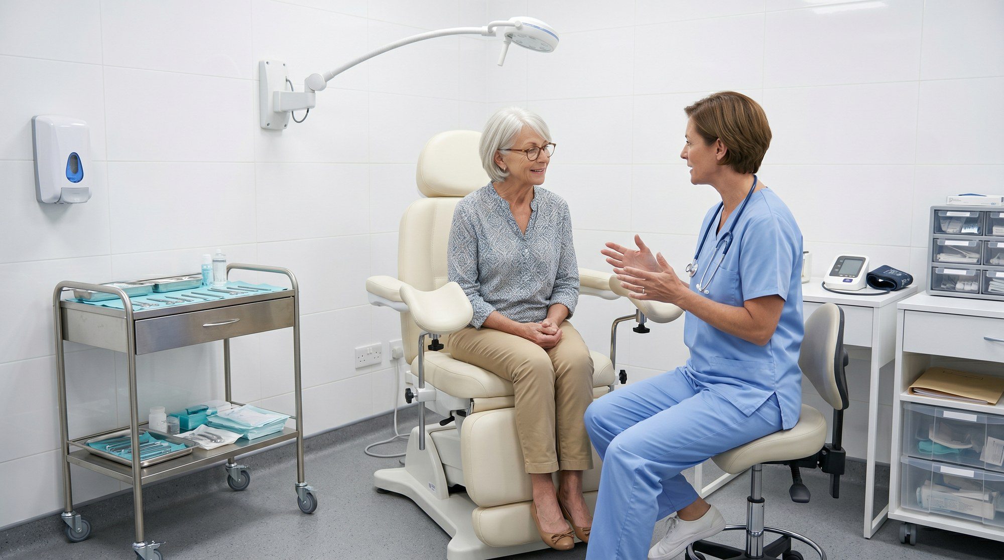 Cosmetic surgery abroad - UK woman in her late 50s in a bright modern aesthetic clinic examination room talking with a female surgeon in scrubs, with sterile instruments trolley and examination light visible