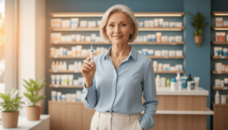 cost of weight loss injections UK - confident woman in pharmacy with injection pen