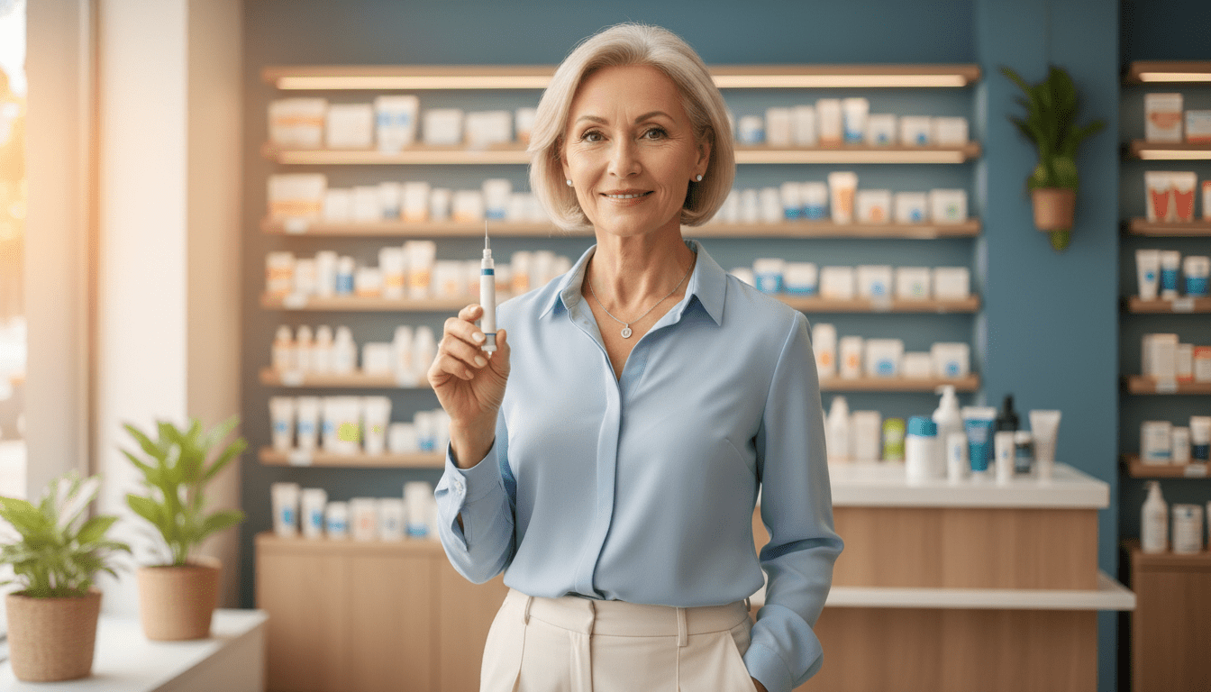 cost of weight loss injections UK - confident woman in pharmacy with injection pen