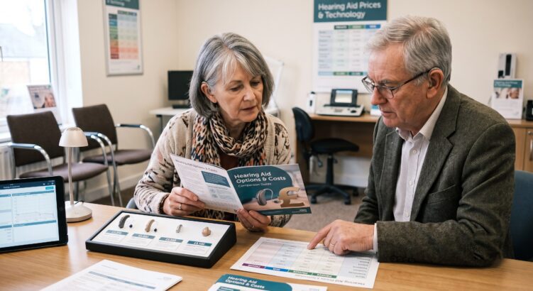 Hearing aid costs UK - couple comparing hearing aid options and prices with an audiologist