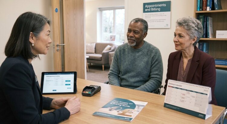 Private GP costs UK - couple discussing appointment prices at a private GP clinic