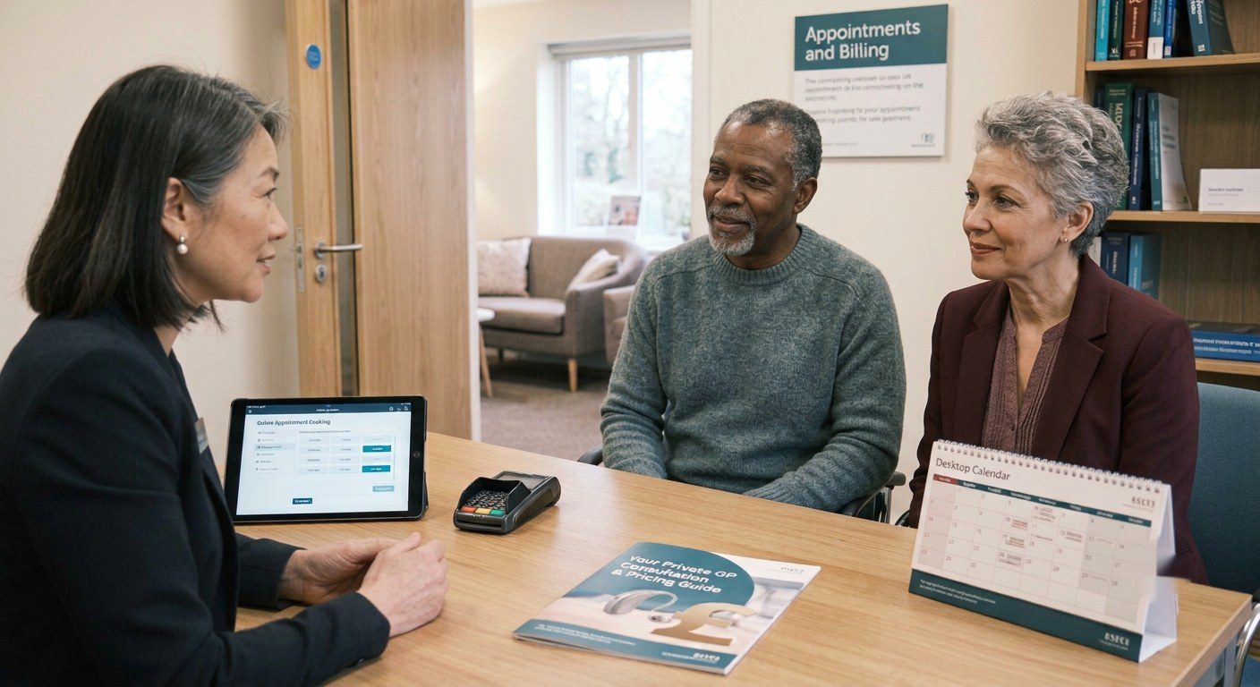 Private GP costs UK - couple discussing appointment prices at a private GP clinic