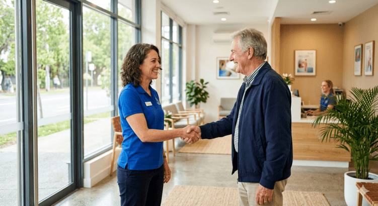 Find a physiotherapist for knee replacement - patient meeting physiotherapist at modern clinic reception