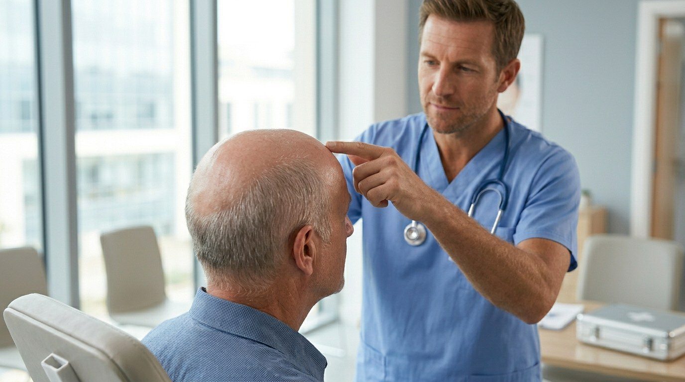 Hair transplant surgery abroad - male patient with Norwood pattern hair loss being assessed by a doctor in scrubs in a modern clinic consultation room
