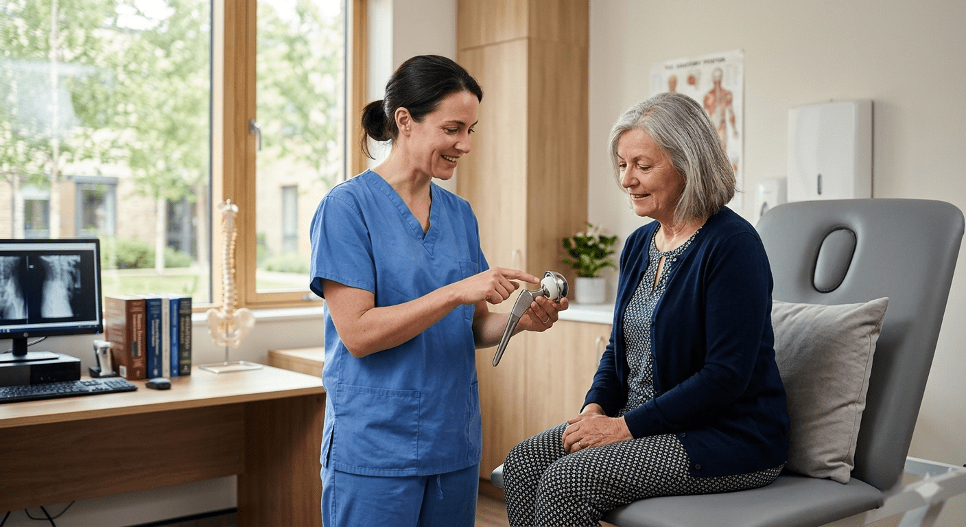 hip replacement implant types - surgeon showing implant model to patient