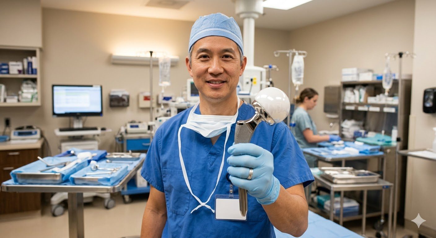Hip replacement implant types — orthopaedic surgeon holding a ceramic hip implant component in a sterile surgical preparation area