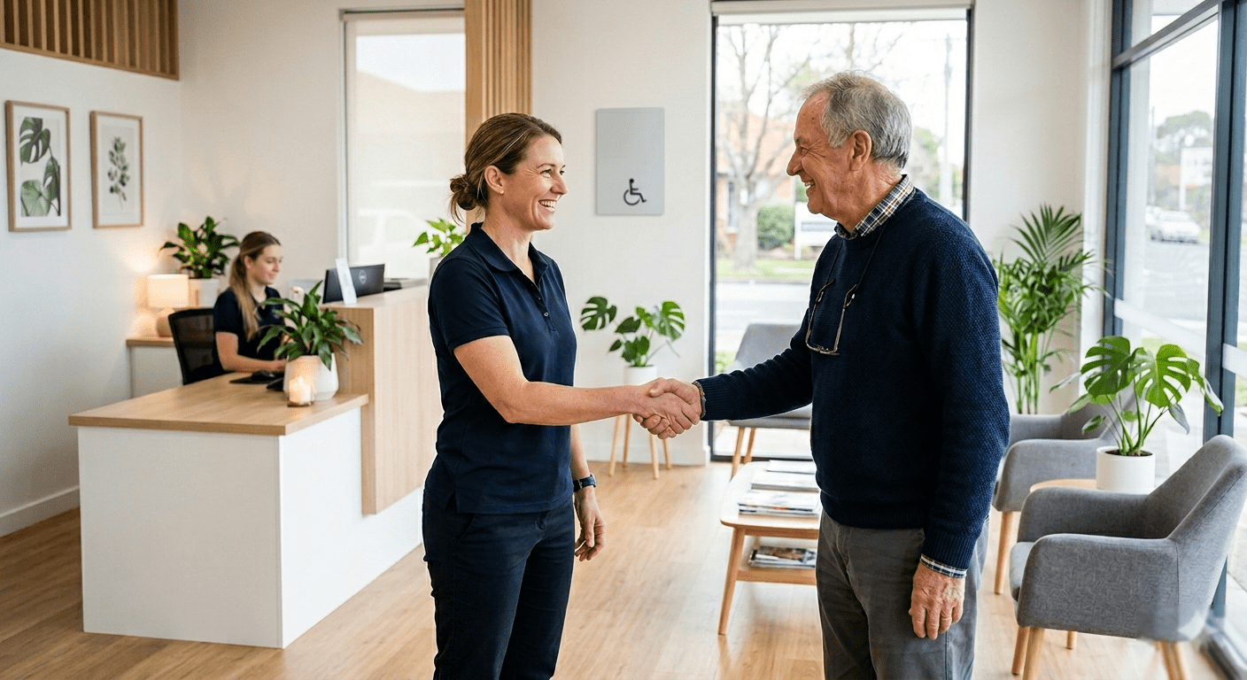 Find a physiotherapist for hip replacement - physiotherapist greeting patient at clinic