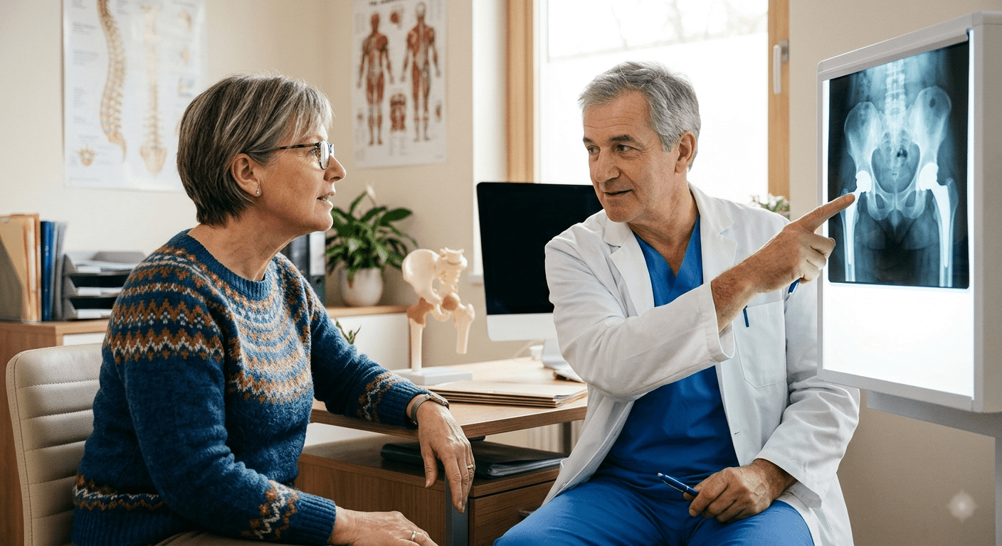 Choosing a hip replacement surgeon - patient consulting with orthopaedic specialist