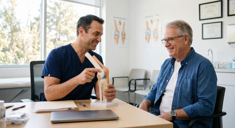 How to choose a knee replacement surgeon - patient consulting with orthopaedic surgeon about knee joint model