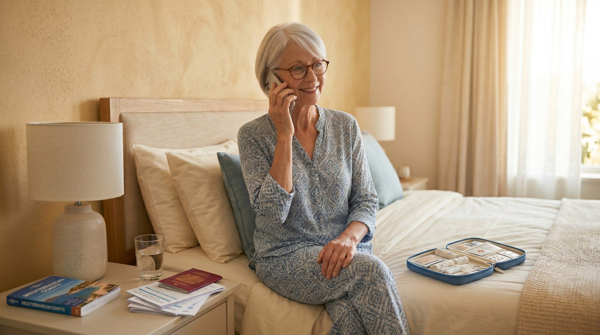 Injured on holiday - confident UK woman in her early 60s sitting on a hotel bed using a mobile phone to call a 24/7 travel insurance helpline, passport and travel documents on the bedside table beside her