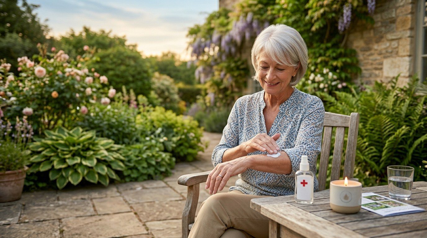 Insect bites and stings - confident UK woman in her late 50s applying insect repellent on a sunlit garden patio at dusk, with a citronella candle on the table