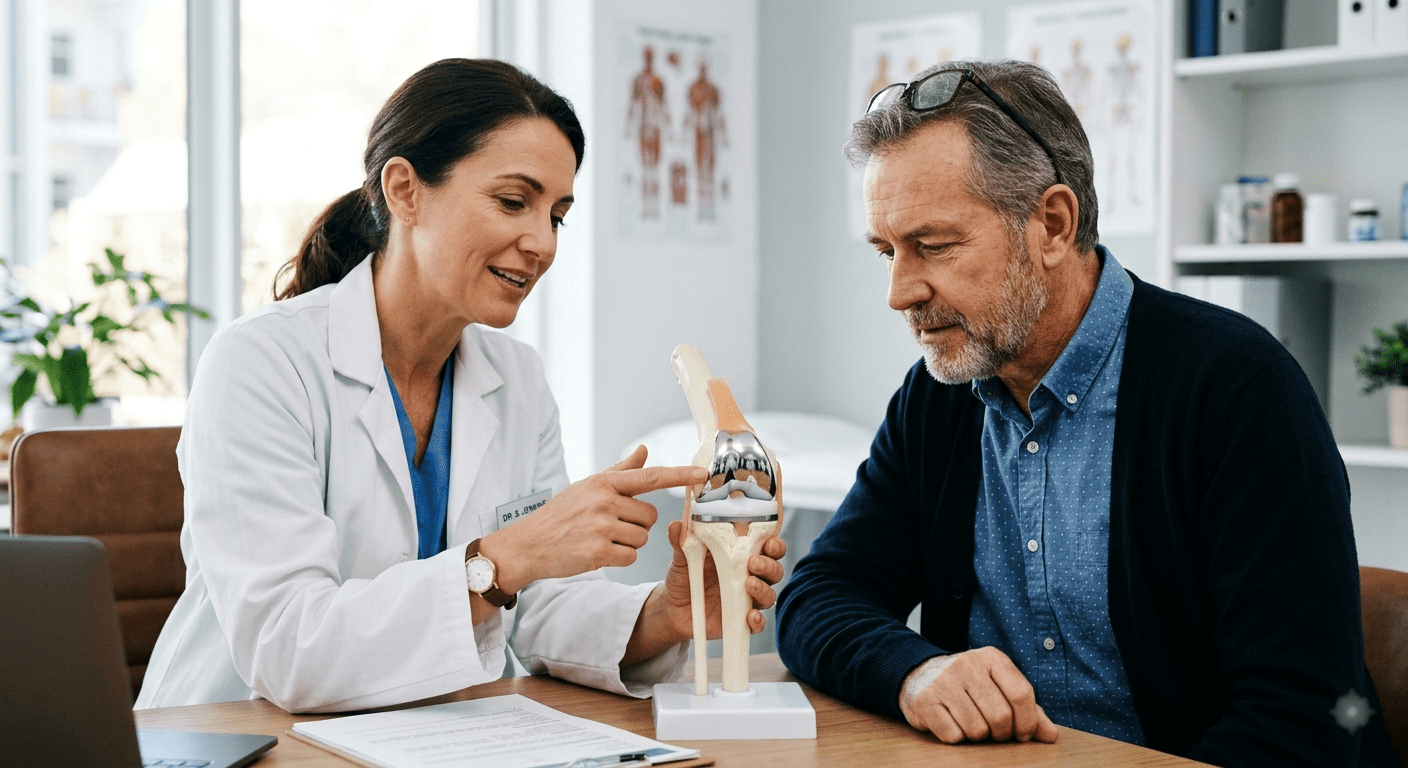 Surgeon showing knee replacement implant model to patient
