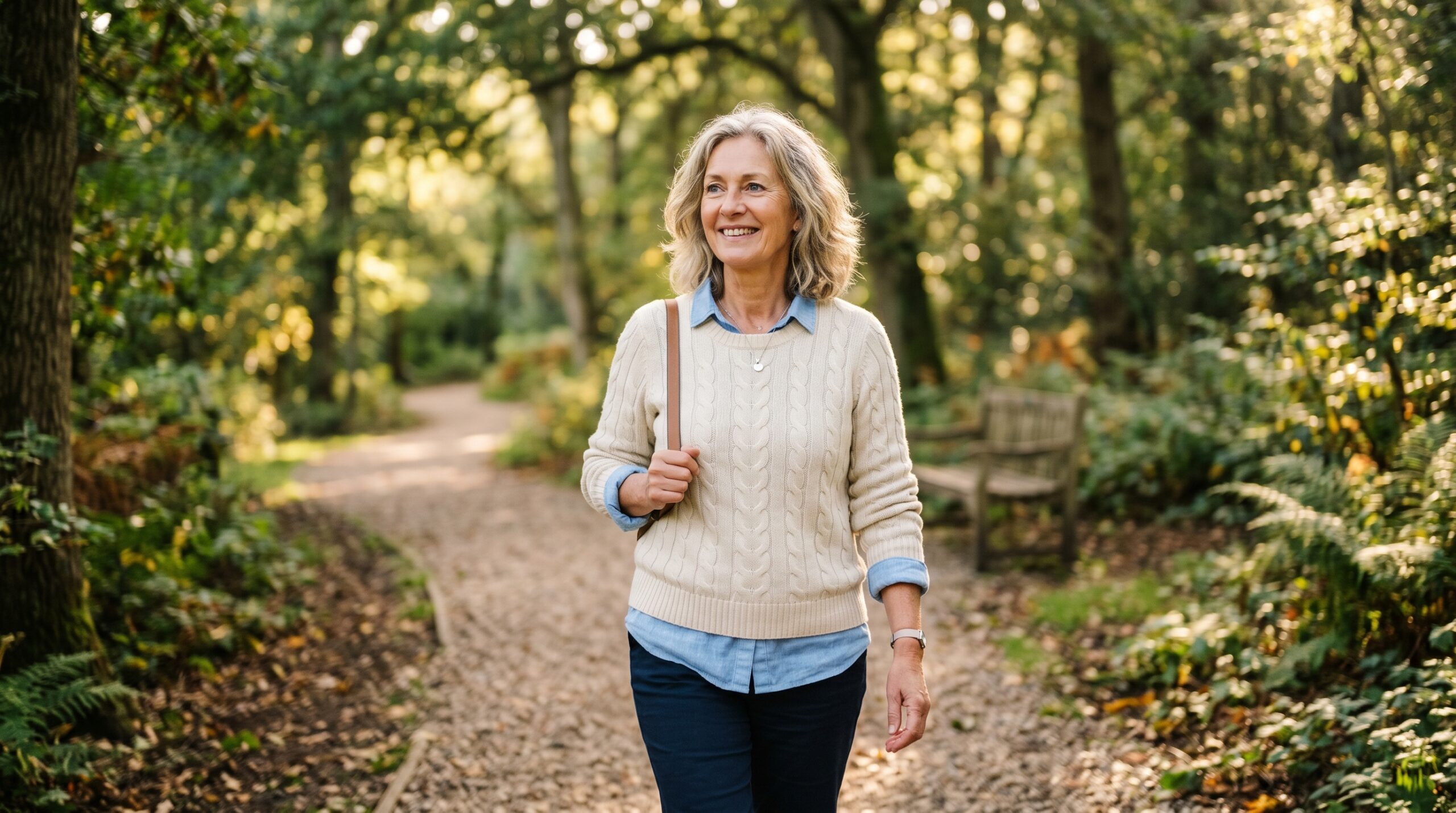 Laser eye surgery results - confident over-50 woman enjoying clear vision outdoors in a UK park