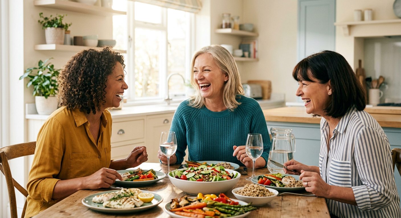 Laughter lowers blood sugar - three women over 50 laughing together over a healthy meal