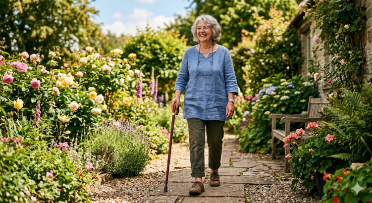 Mobility aids after knee replacement - woman walking confidently in garden with walking stick after knee surgery