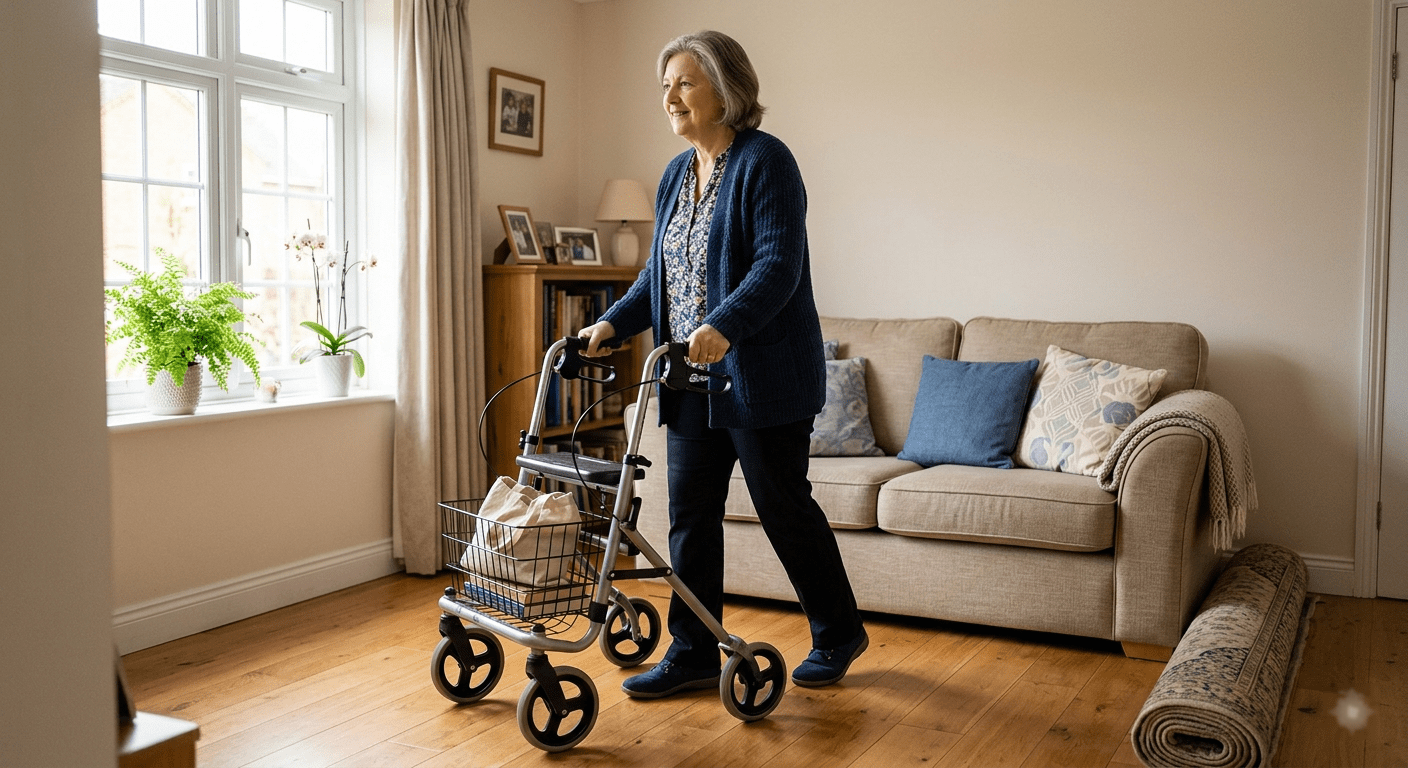 Mobility aids after hip replacement - woman using walking frame at home