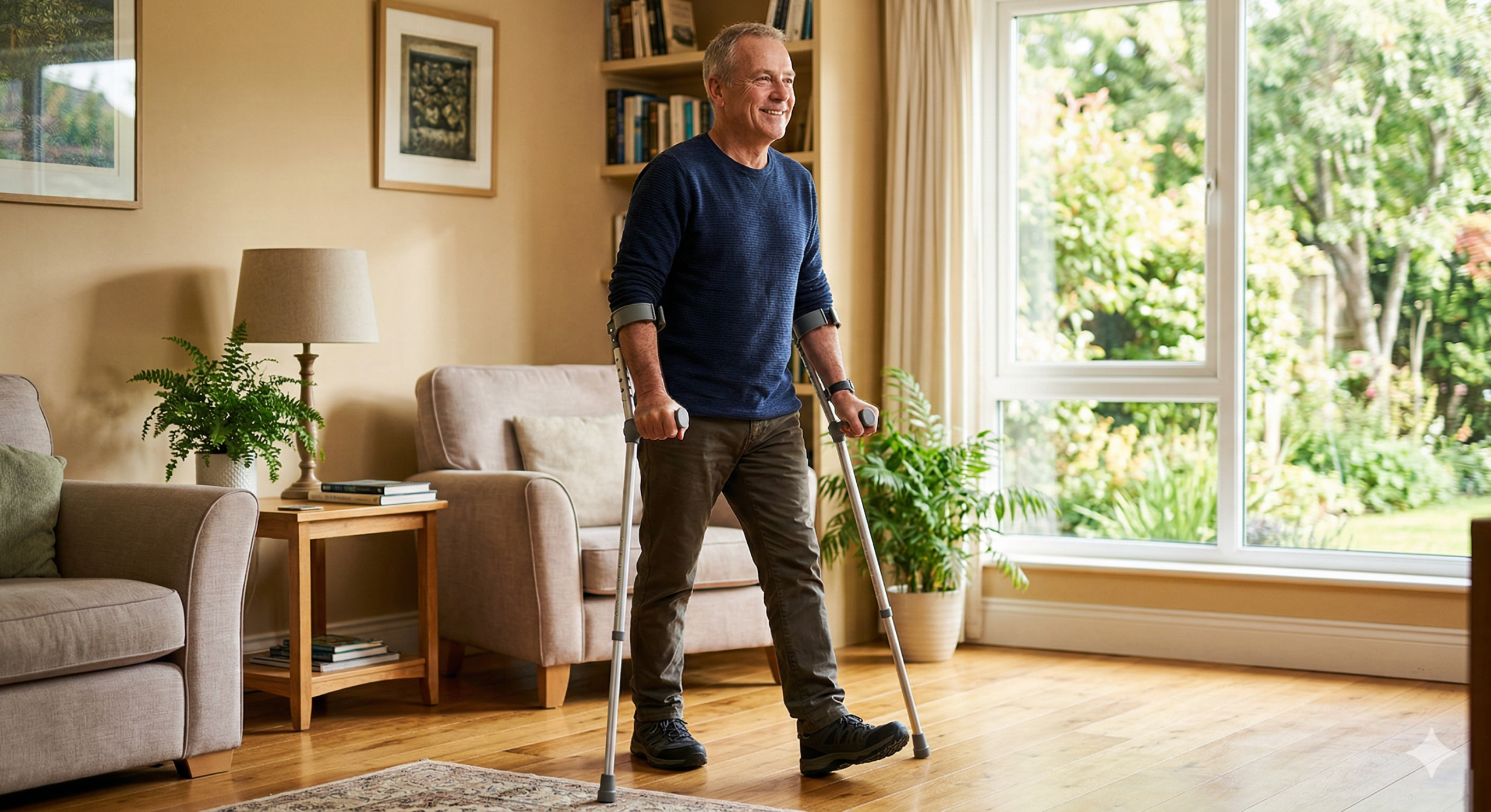 mobility aids after knee replacement - man using elbow crutches at home during recovery