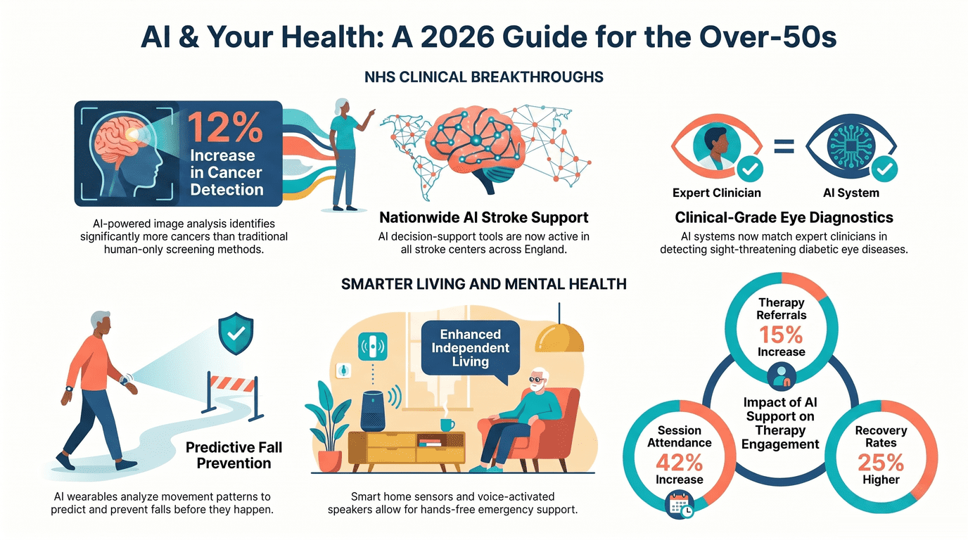 AI health benefits for over 50s - infographic summarising how artificial intelligence is improving healthcare for older adults