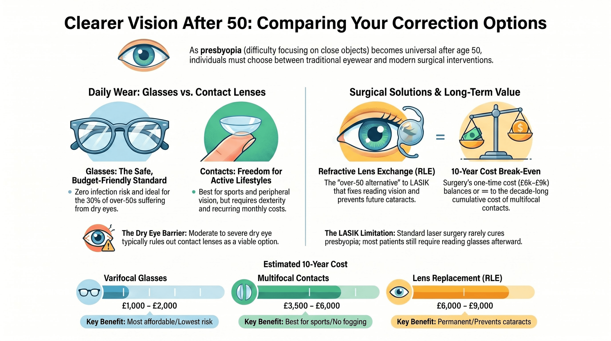 Alternatives to reading glasses over 50 - comparison of varifocal glasses, multifocal contacts, and lens replacement surgery with 10-year cost estimates