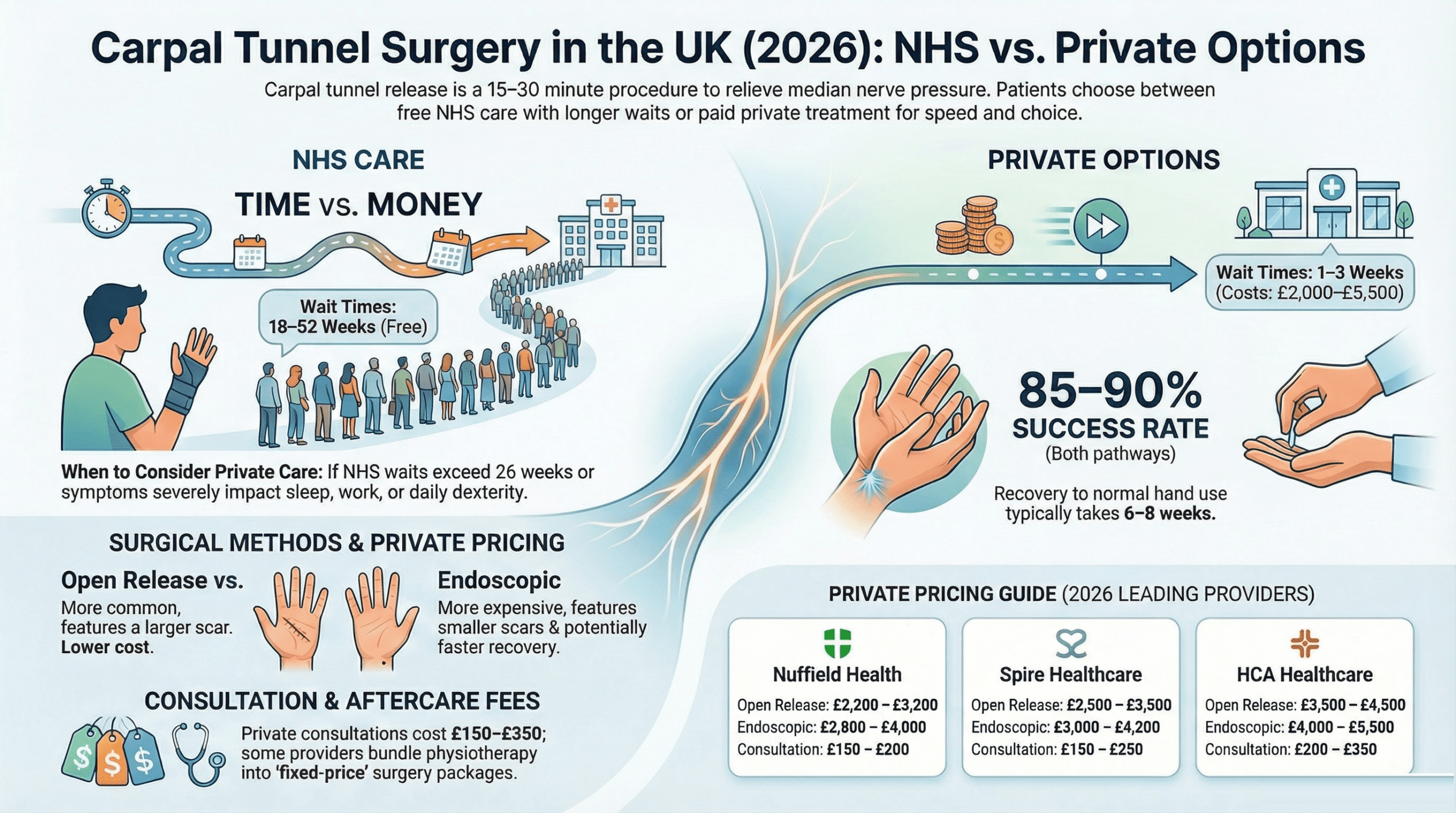 Carpal tunnel surgery cost UK 2026 infographic comparing NHS vs private prices, waiting times and surgical options