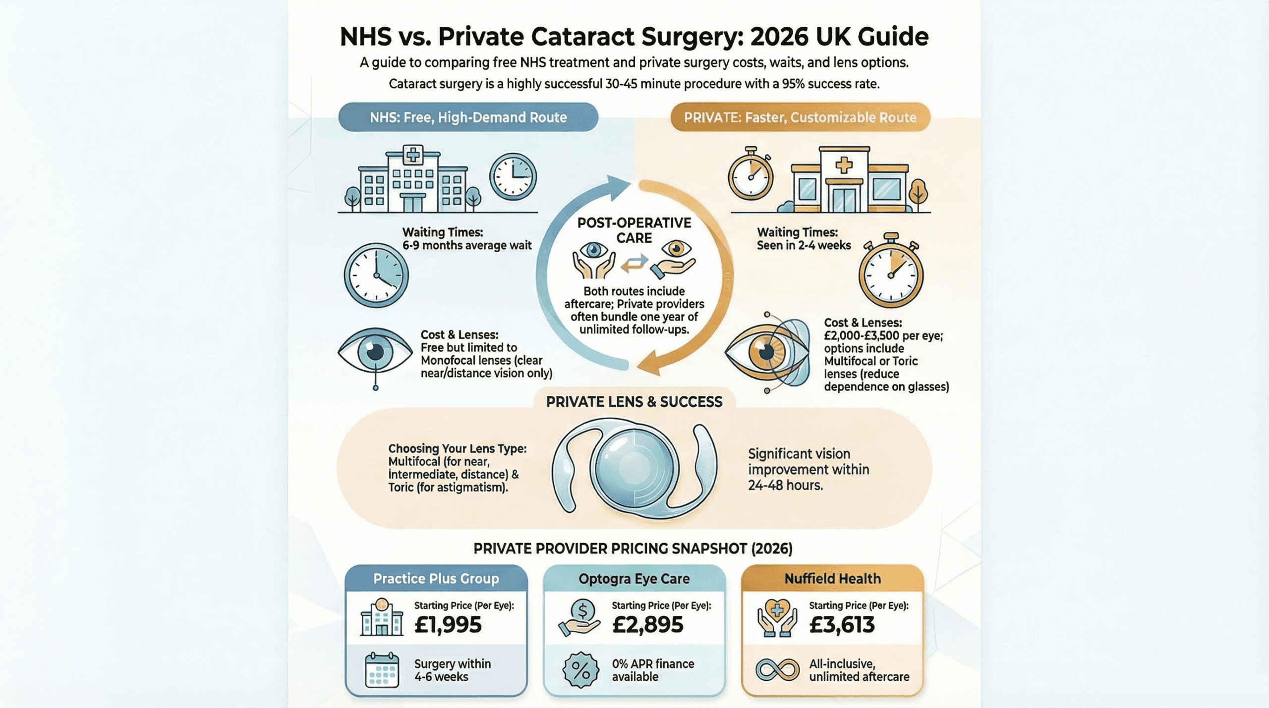 Cataract surgery cost UK 2026 infographic comparing NHS and private prices