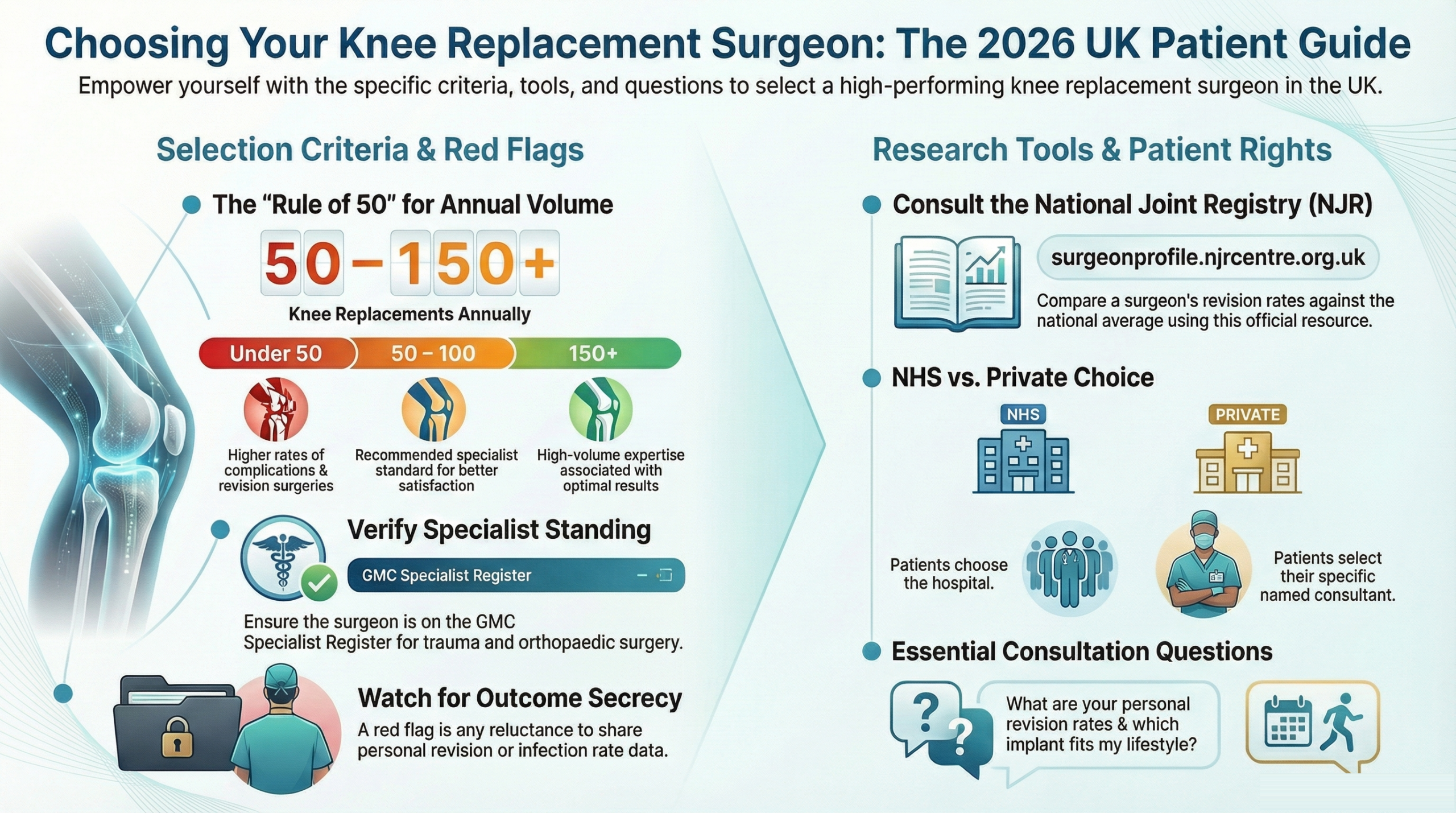 How to choose a knee replacement surgeon - infographic showing credentials to check, questions to ask, and NHS vs private options in the UK