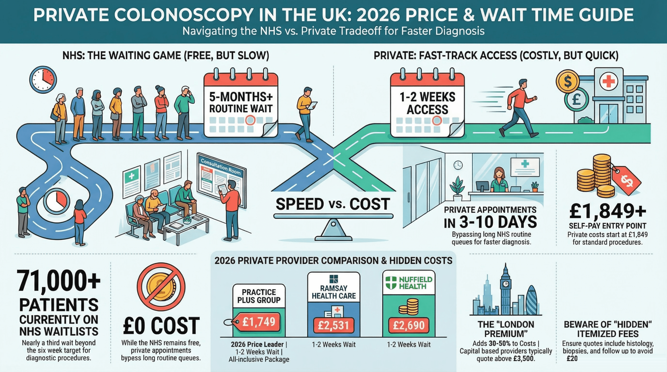 Cost of a private colonoscopy UK 2026 - NHS vs private prices, waiting times, and provider comparison infographic