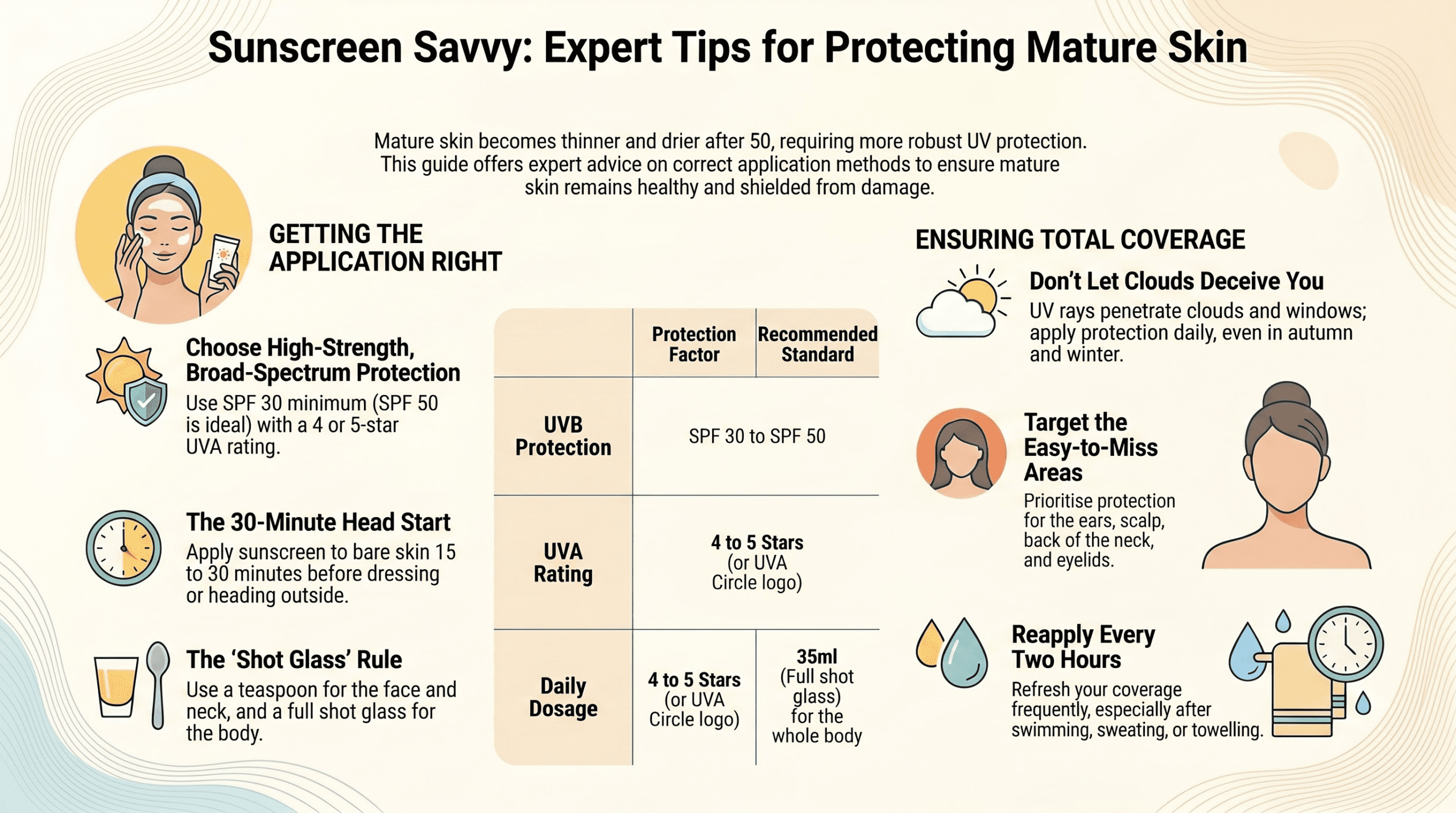 The Best of Health sunscreen tips for mature skin - SPF guidance, application timing, coverage reminders for over-50s