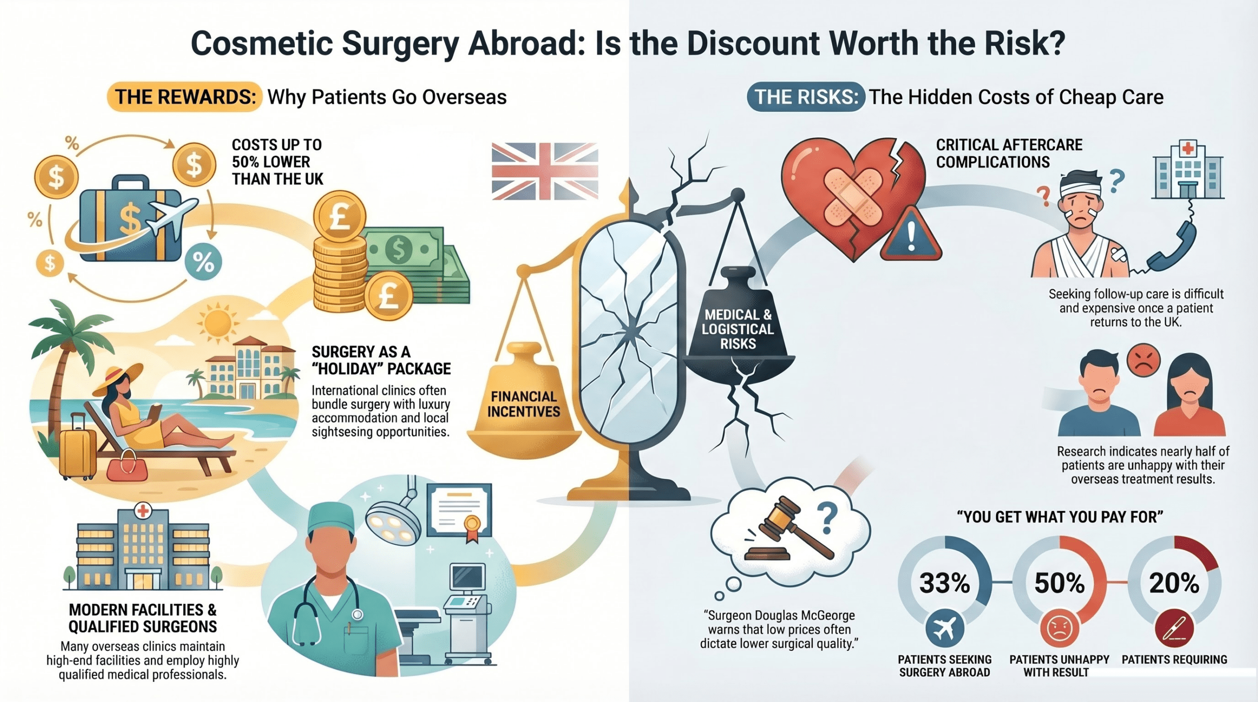 Cosmetic surgery abroad infographic showing risks, costs and safety considerations for UK patients travelling overseas