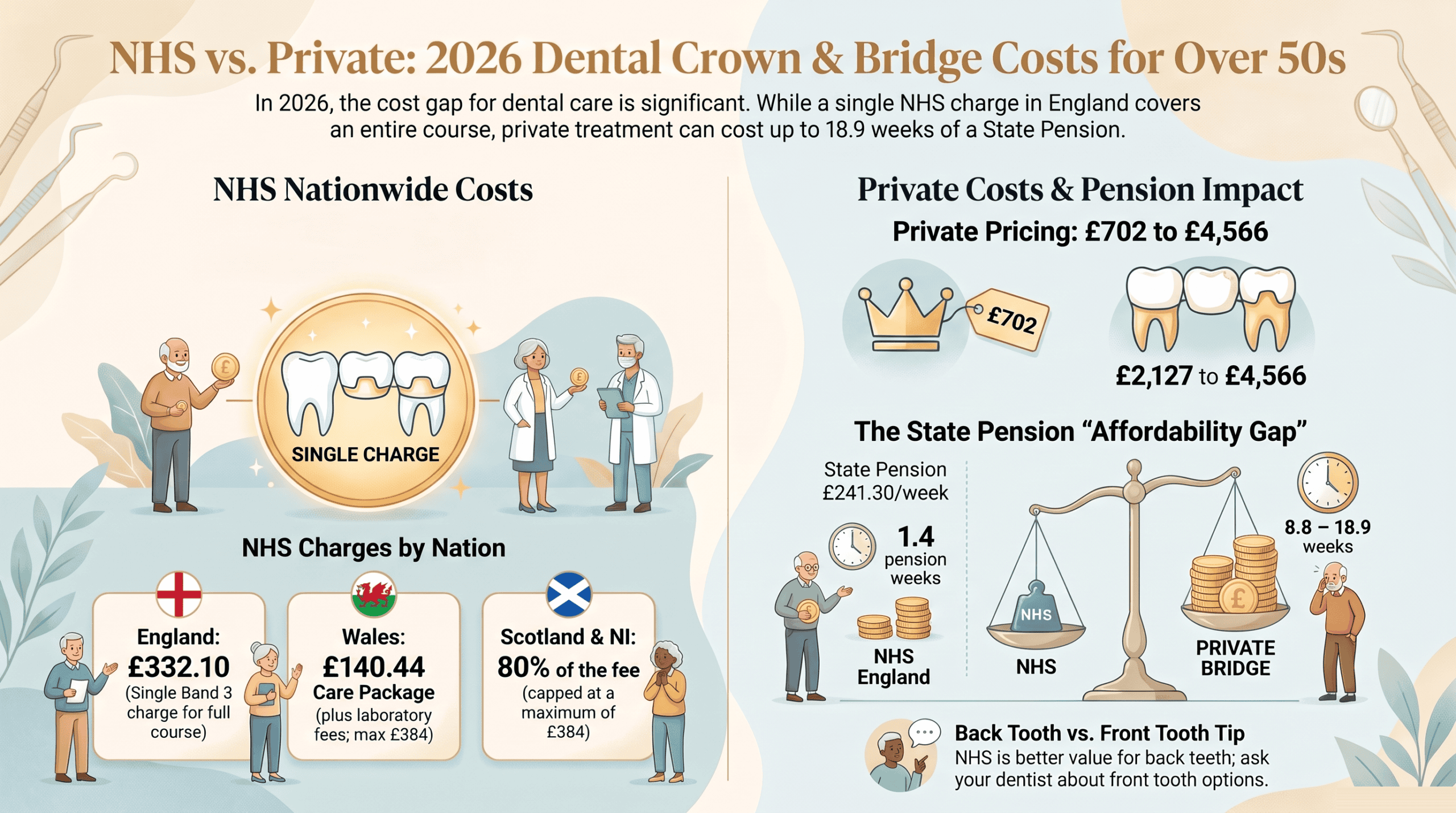 Dental crowns and bridges cost UK 2026 infographic - NHS charges by nation vs private crown and bridge prices