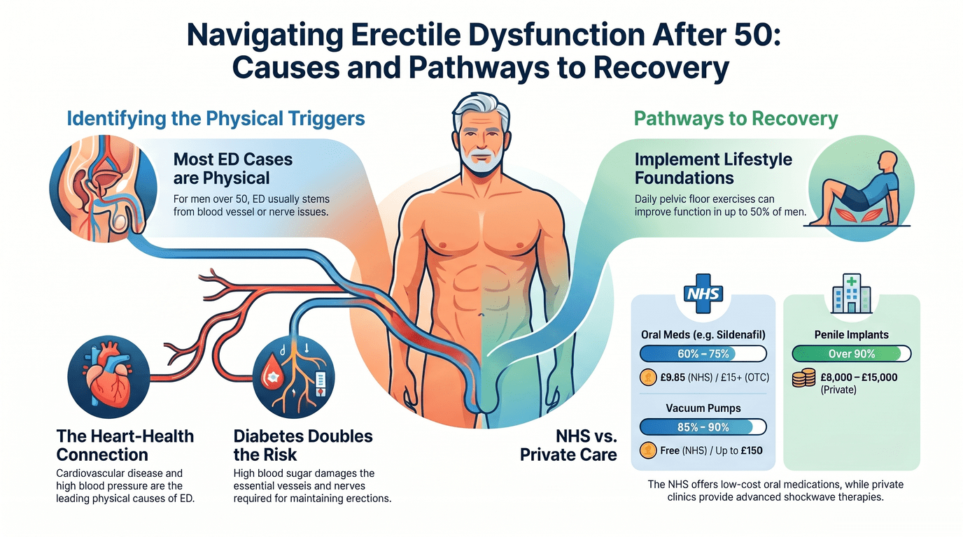 Erectile dysfunction causes and treatments infographic - NHS and private options for men over 50 in the UK