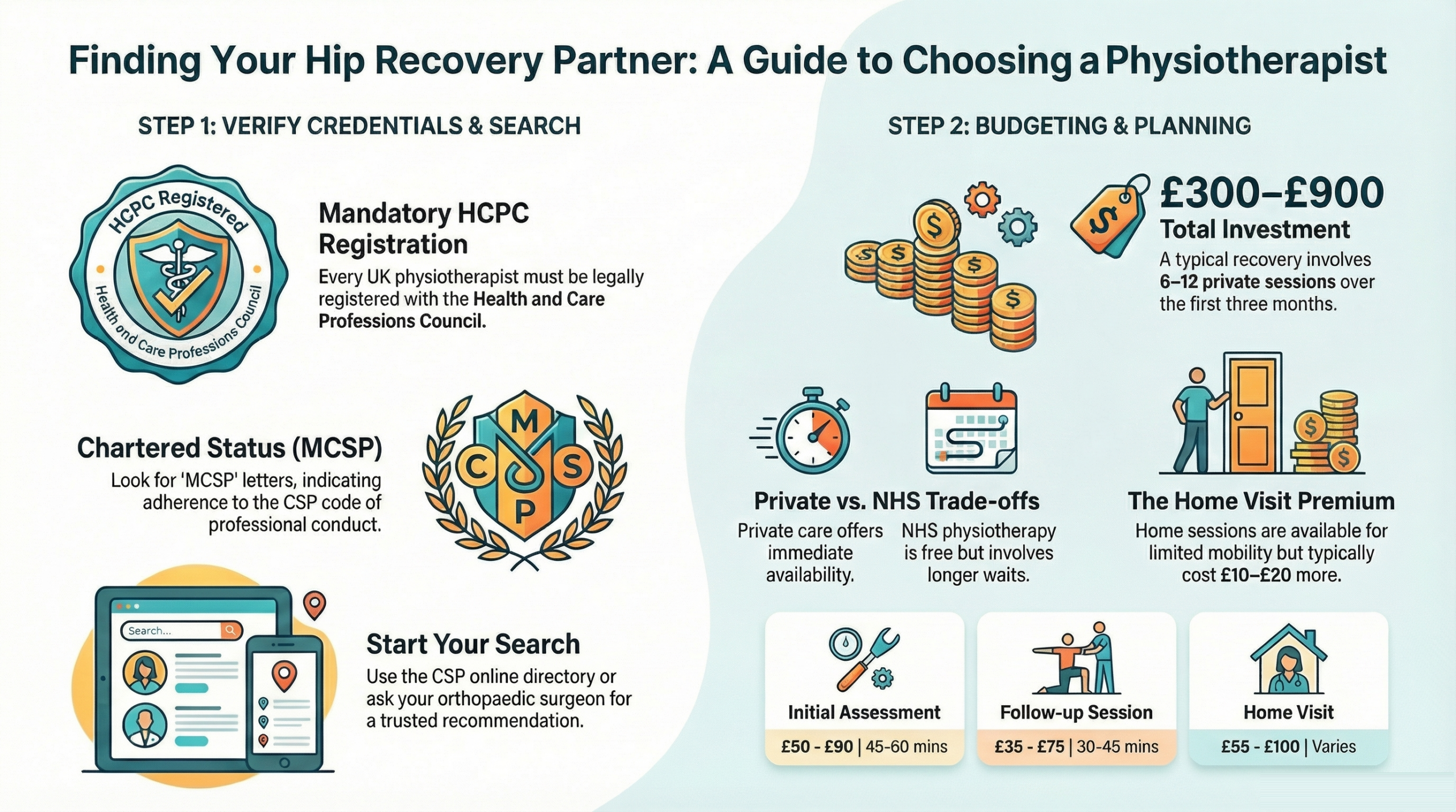 How to find a physiotherapist for hip replacement recovery 2026 - qualifications to check, where to search, costs, and what to expect