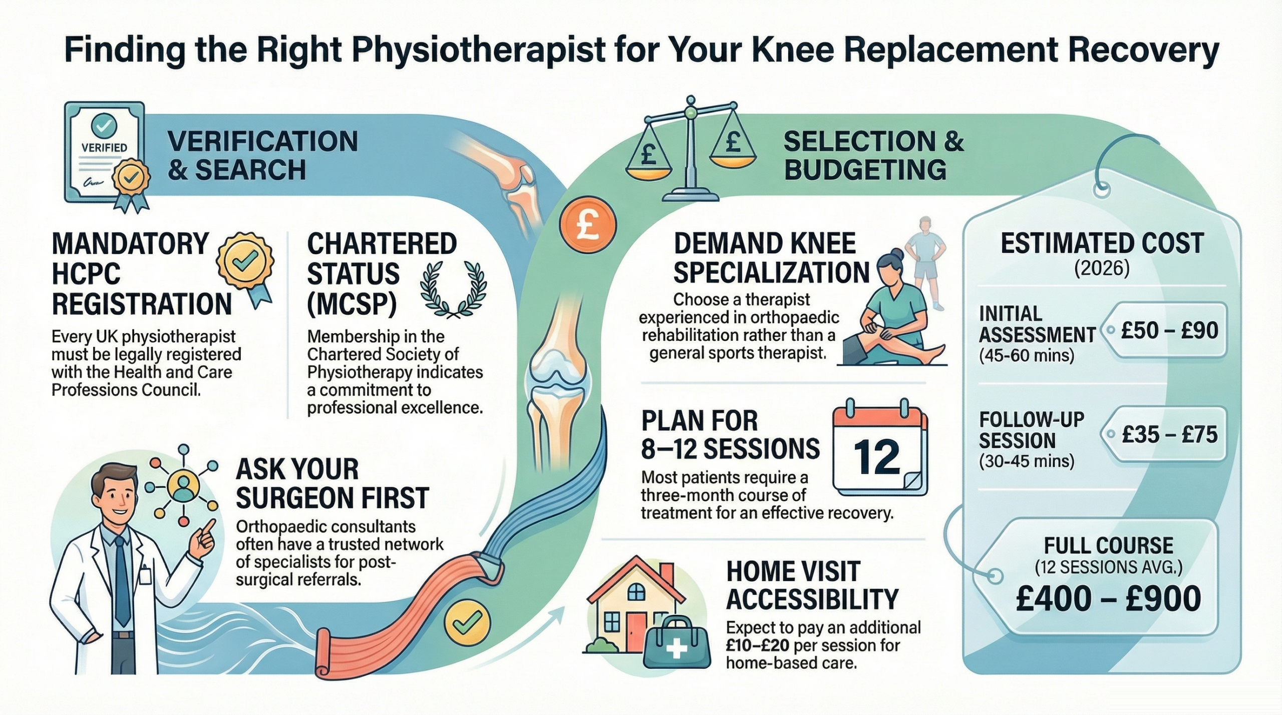 Find a physiotherapist for knee replacement recovery - infographic showing qualifications, costs, and how to choose the right physio in the UK