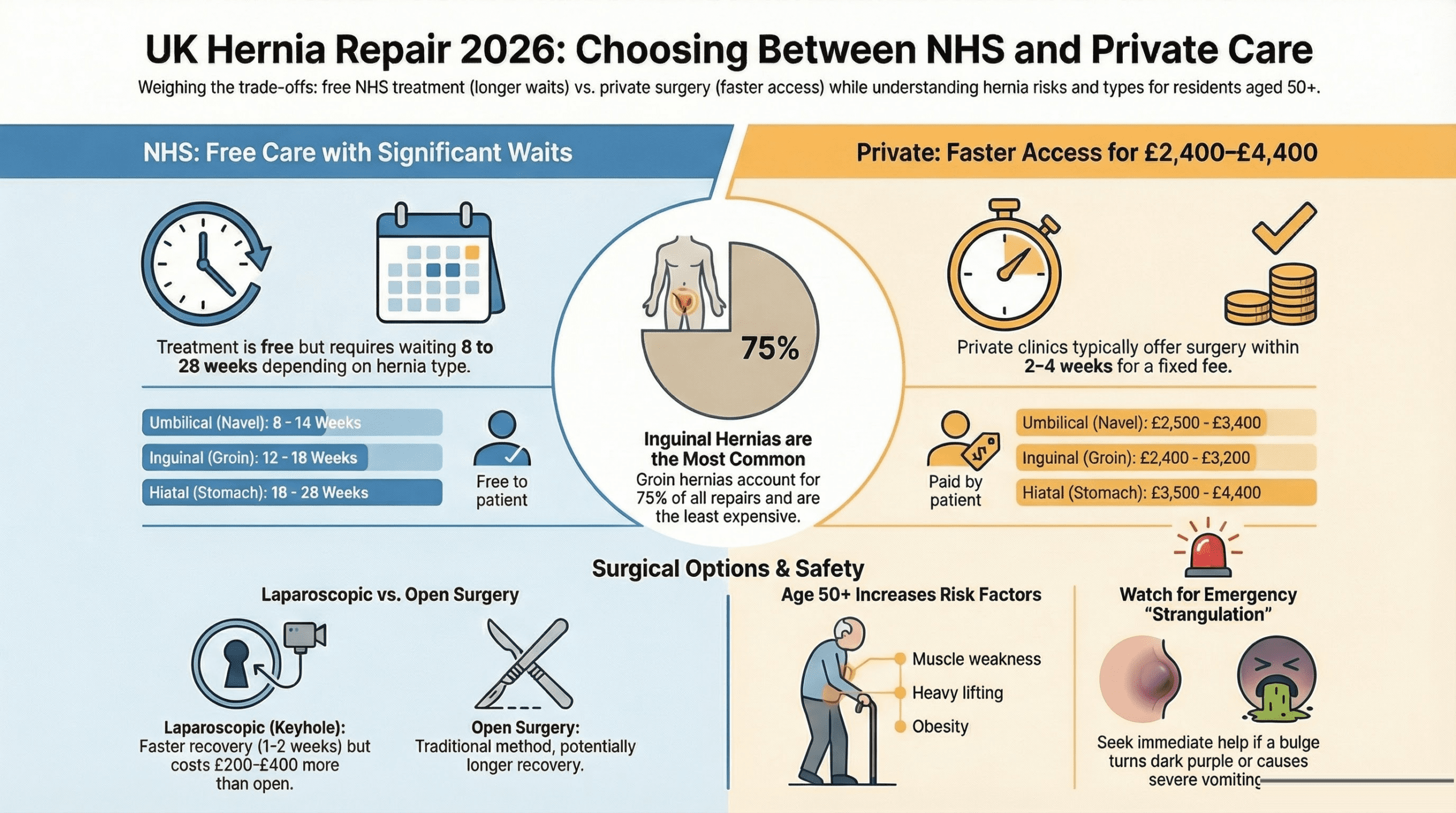 Hernia repair surgery cost UK 2026 infographic comparing NHS vs private prices, waiting times and provider options