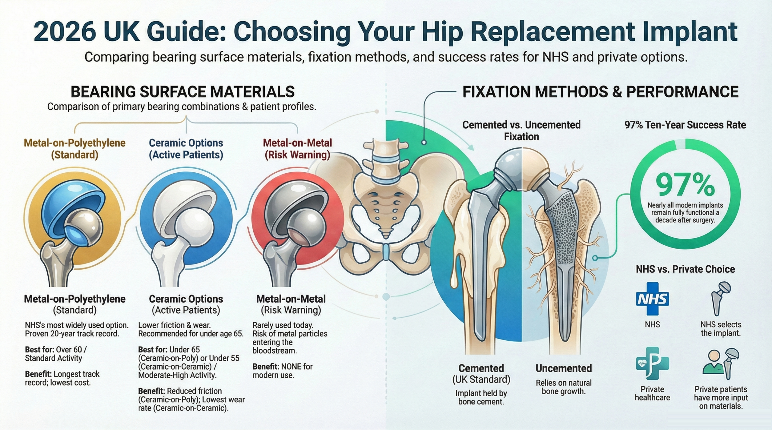 Hip replacement implant types compared 2026 - metal-on-polyethylene, ceramic-on-polyethylene, ceramic-on-ceramic bearing surfaces with cemented and uncemented fixation