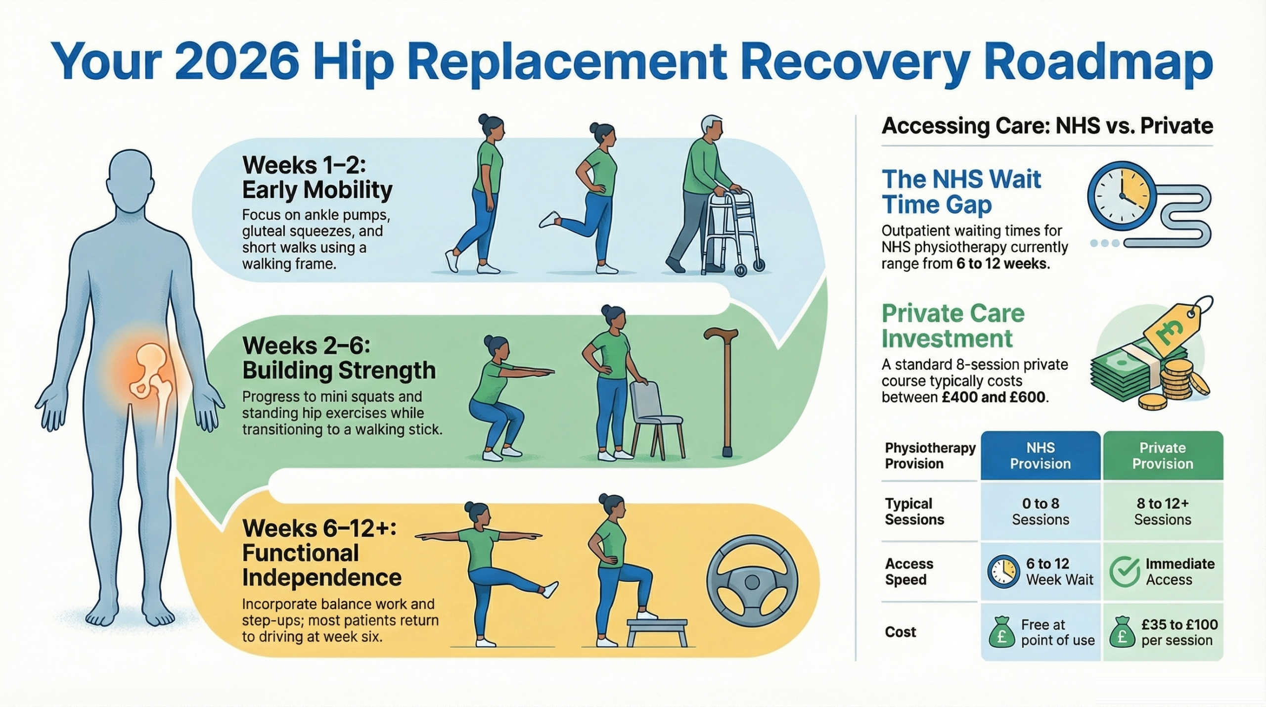 Hip replacement recovery roadmap 2026 infographic comparing NHS and private physiotherapy timelines sessions and costs