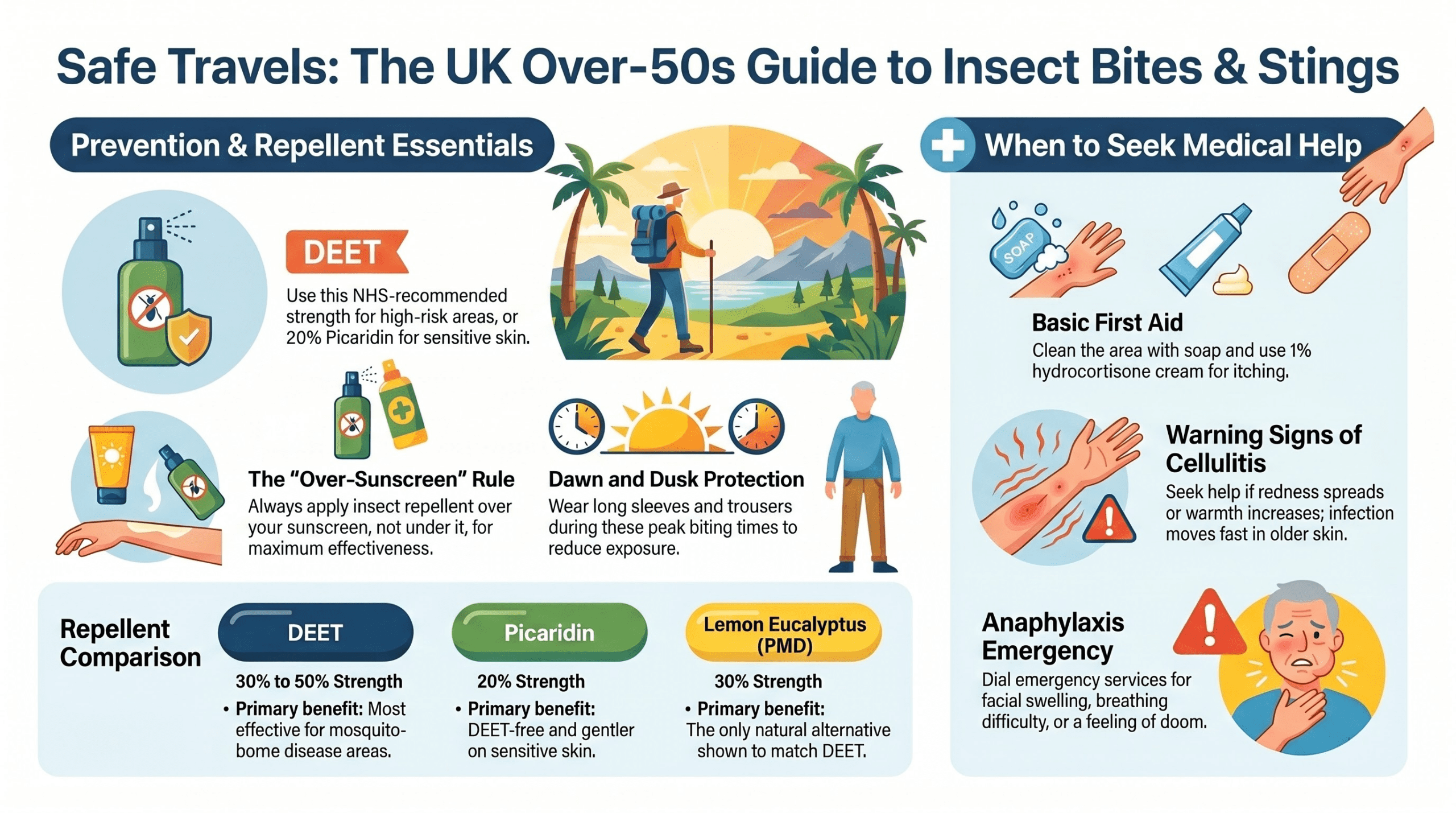 The Best of Health insect bites and stings guide for UK over-50s travellers - DEET vs picaridin vs lemon eucalyptus repellent comparison, infection warning signs, anaphylaxis emergency steps