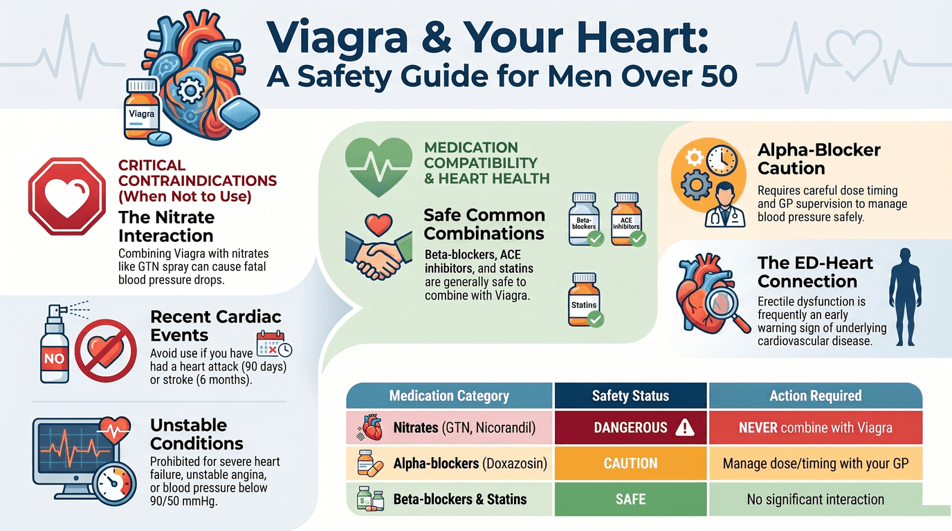 Is Viagra safe for your heart - infographic showing key safety guidance for men over 50 taking sildenafil