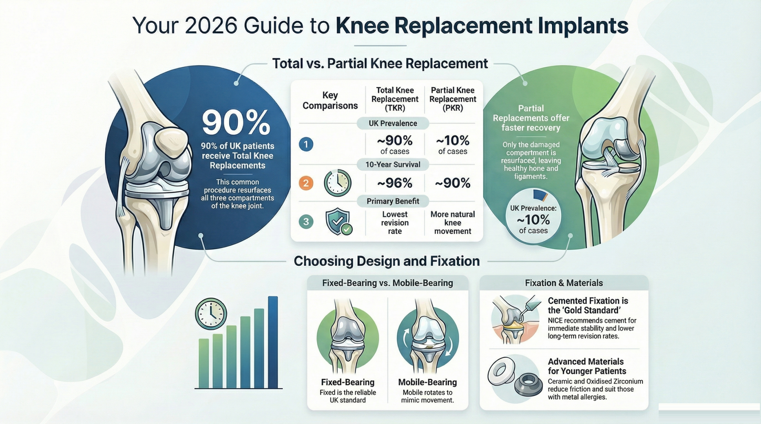 Knee replacement implant types compared - infographic showing materials, designs, fixation methods and how to choose the right implant