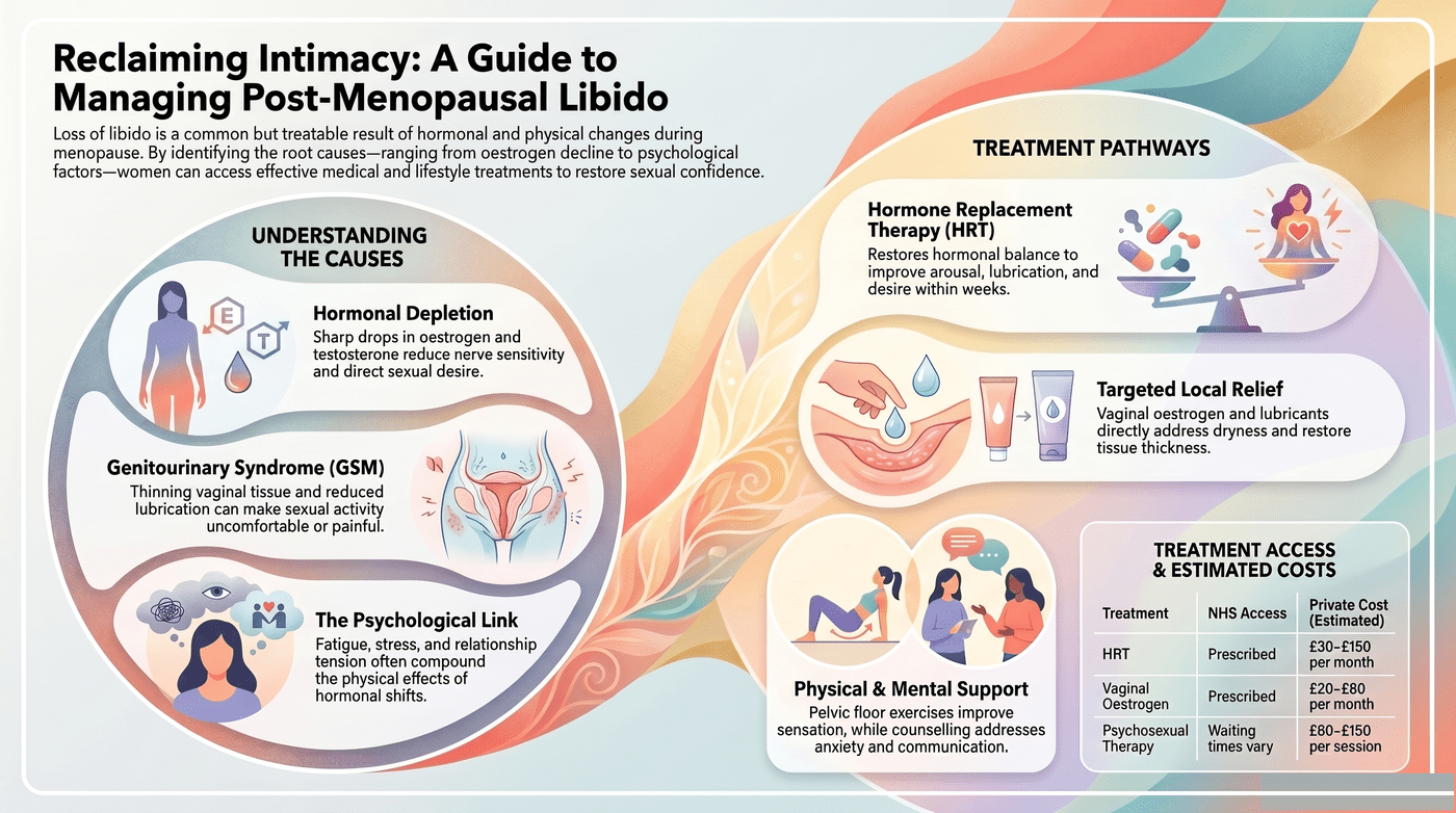 Loss of libido after menopause infographic - treatment options including HRT testosterone therapy and pelvic floor exercises for women over 50