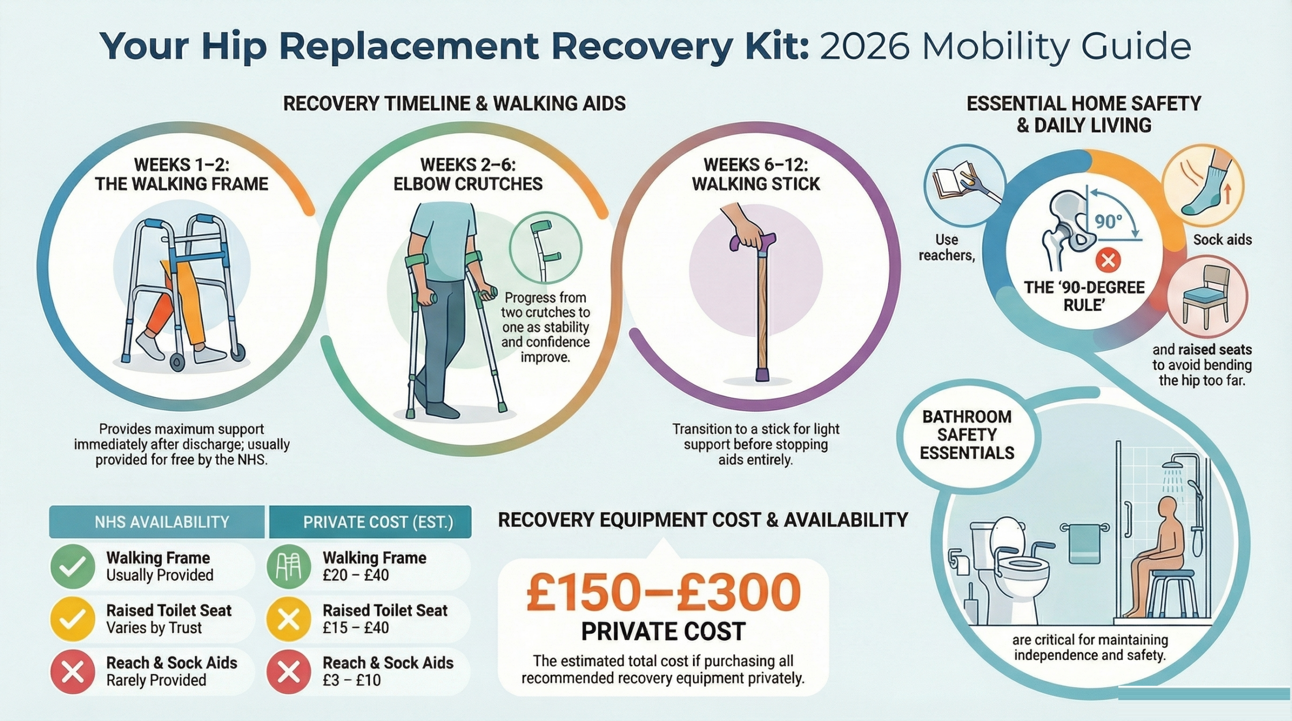 Mobility aids after hip replacement 2026 - walking frame, crutches, raised toilet seat, shower stool, and full equipment checklist with NHS and private costs